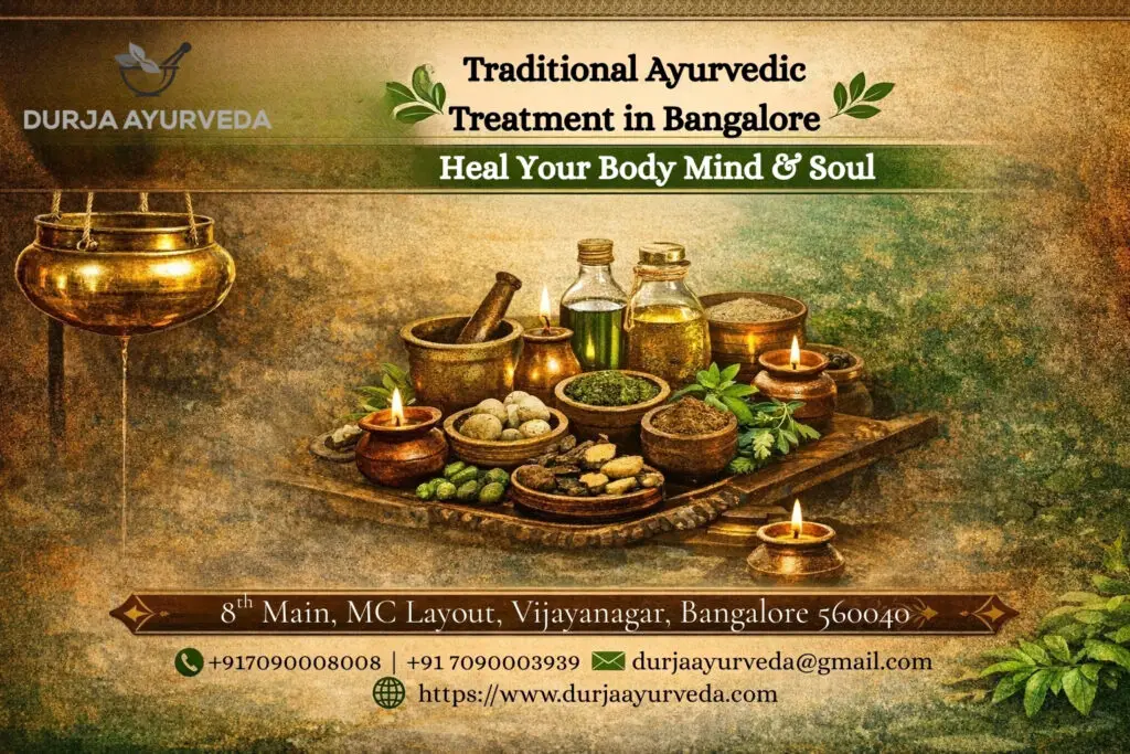 Ayurvedic Doctor Near Me in Vijayanagar | Durja Ayurveda Traditional Ayurvedic treatment at Durja Ayurveda clinic in Vijayanagar, Bangalore with herbal oils and classical Ayurveda setup
