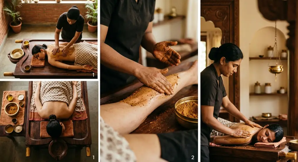 Ayurvedic herbal oil massage therapy at Durja Ayurveda showing Abhyanga and Udwartana treatments for relaxation and detox