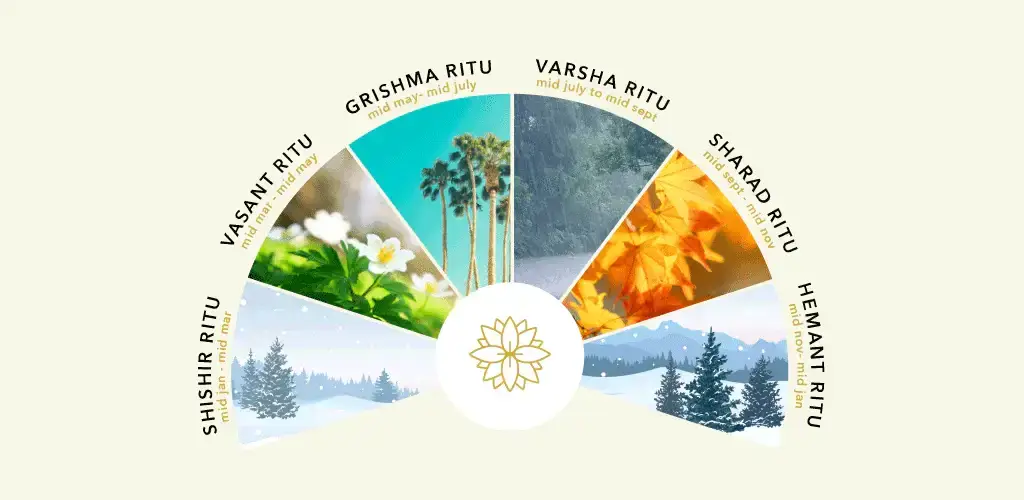 Ritucharya in Ayurveda – Seasonal Regimens for Better Health | Durja Ayurveda Ritucharya chart showing six Ayurvedic seasons – Shishir, Vasant, Grishma, Varsha, Sharad, and Hemant Ritu with corresponding months and visuals | Durja Ayurveda